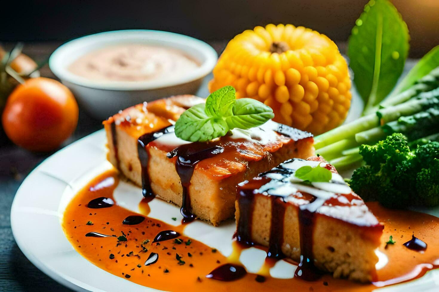 a plate with a slice of pie and vegetables. AI-Generated photo