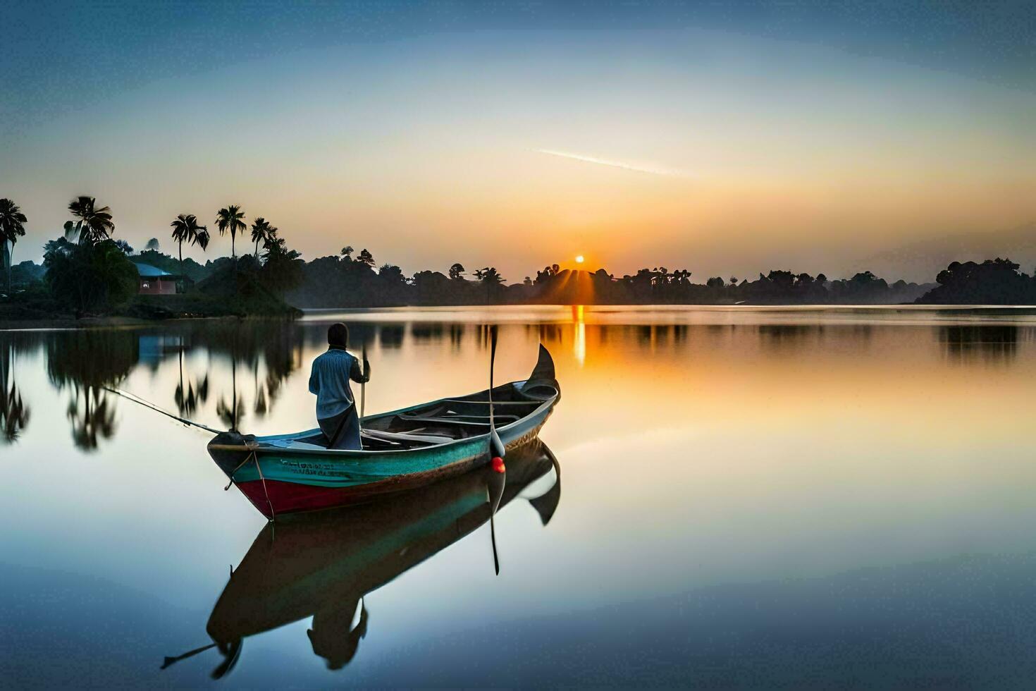 a man in a boat on the water at sunset. AI-Generated photo