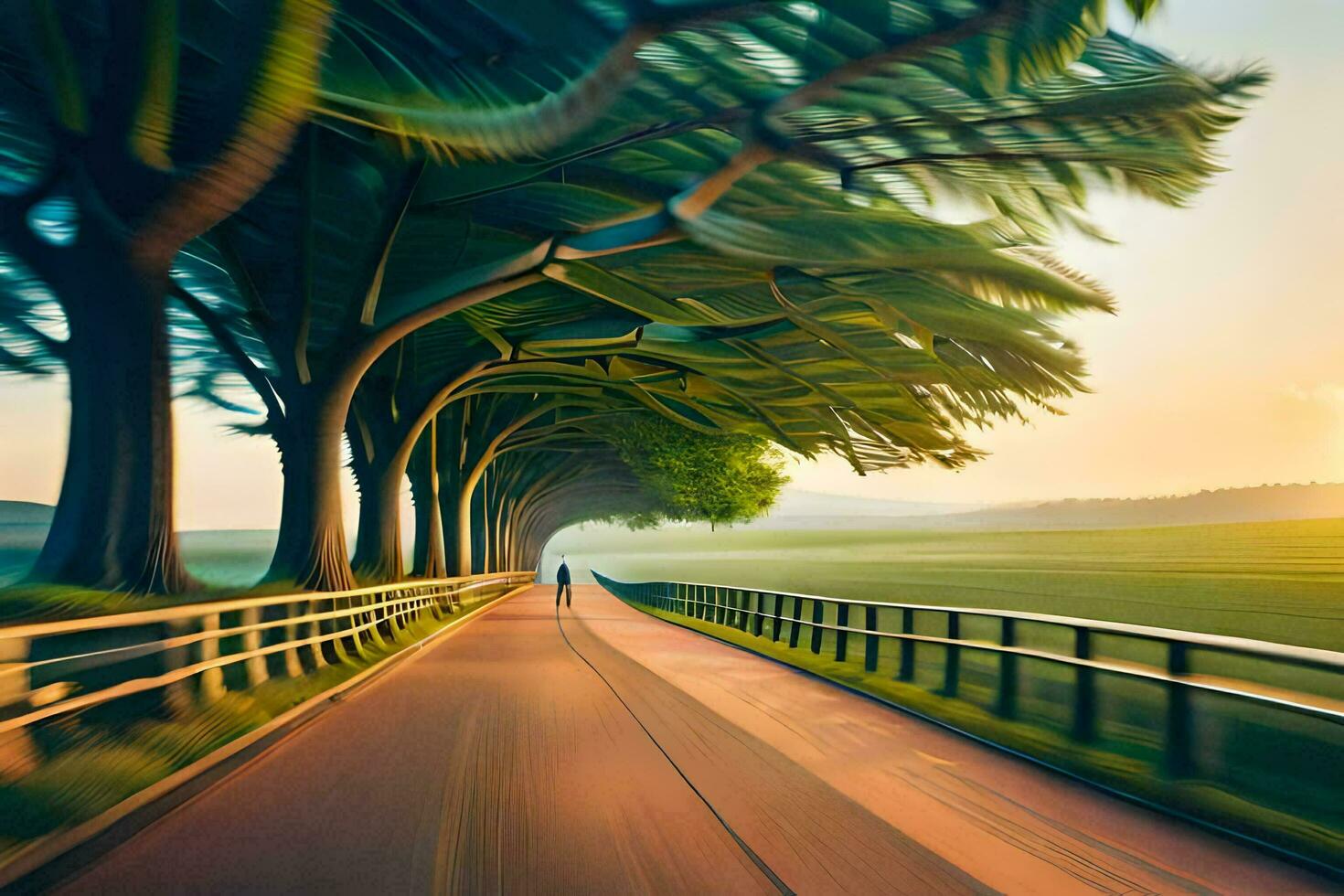 a man is walking down a road with trees in the background. AI-Generated photo