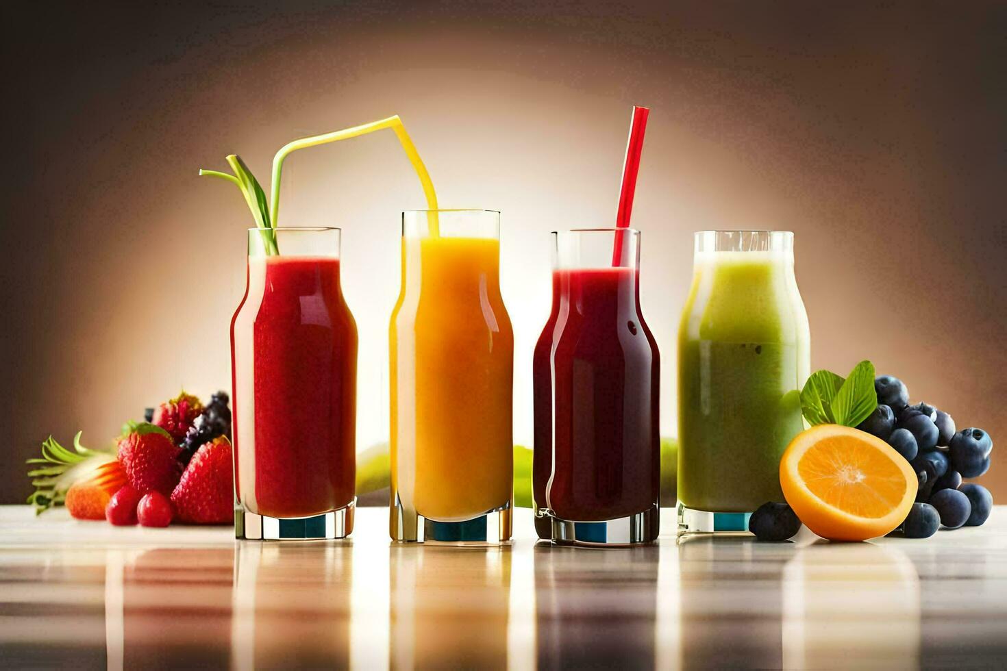 a group of different colored juices in glasses. AI-Generated photo