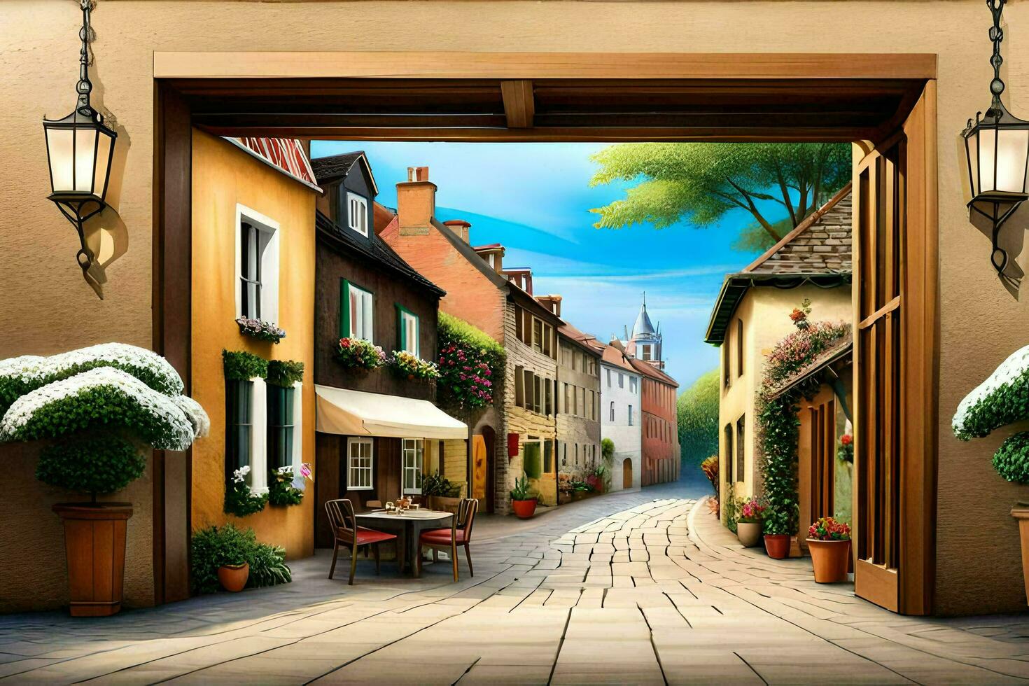 an open door leads to a street with a cafe. AI-Generated photo