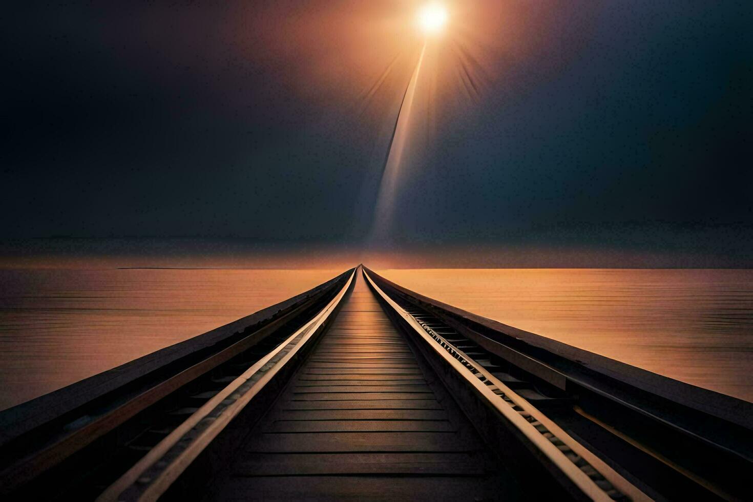 a long train track leading to the sun. AI-Generated photo
