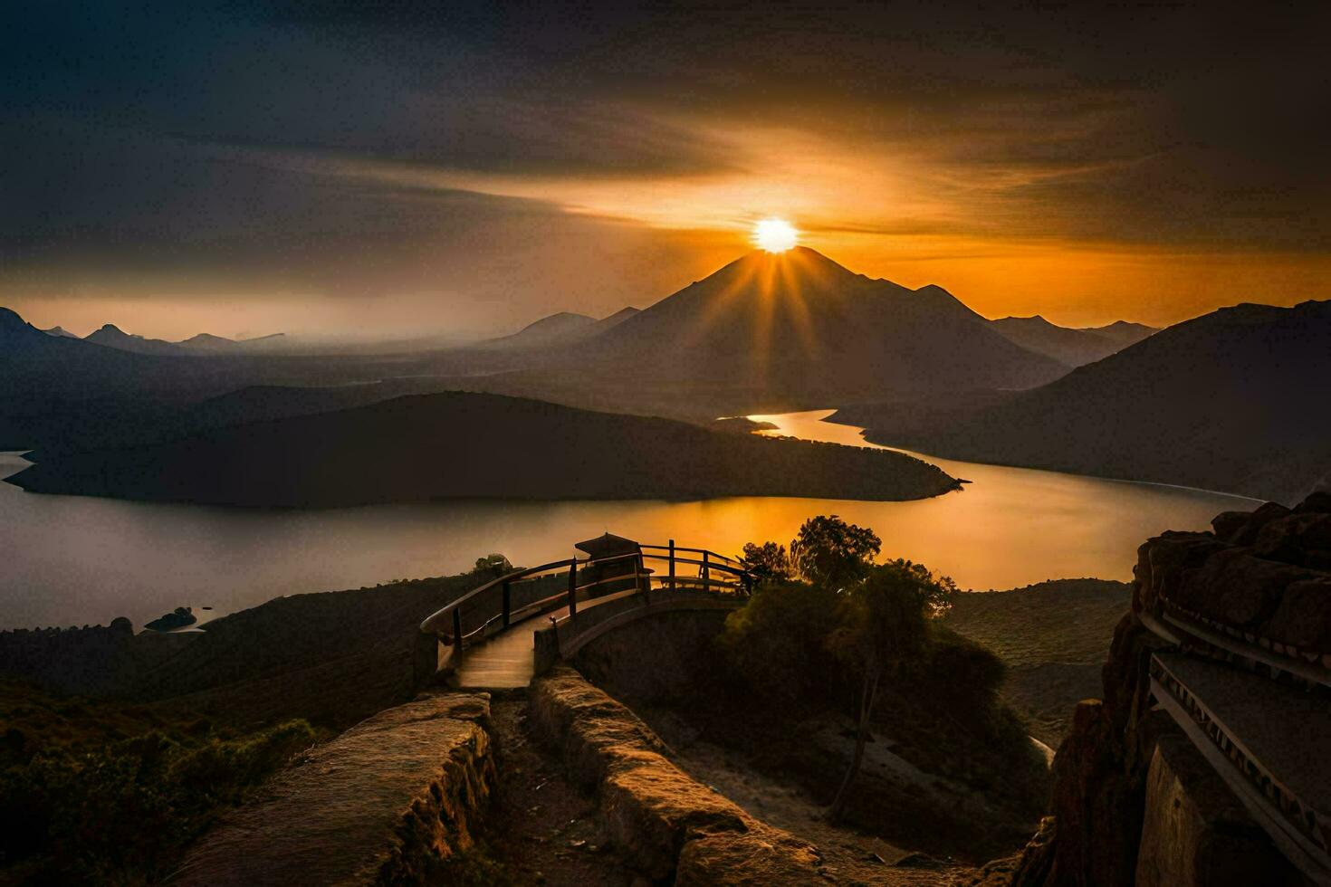 the sun sets over a lake and mountains. AI-Generated photo