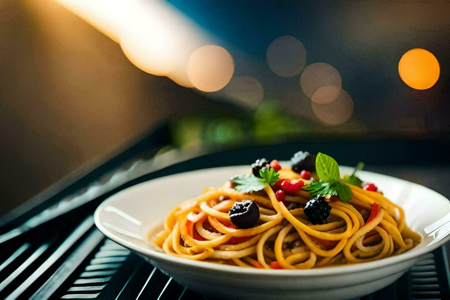 a plate of pasta with tomatoes and olives. AI-Generated photo