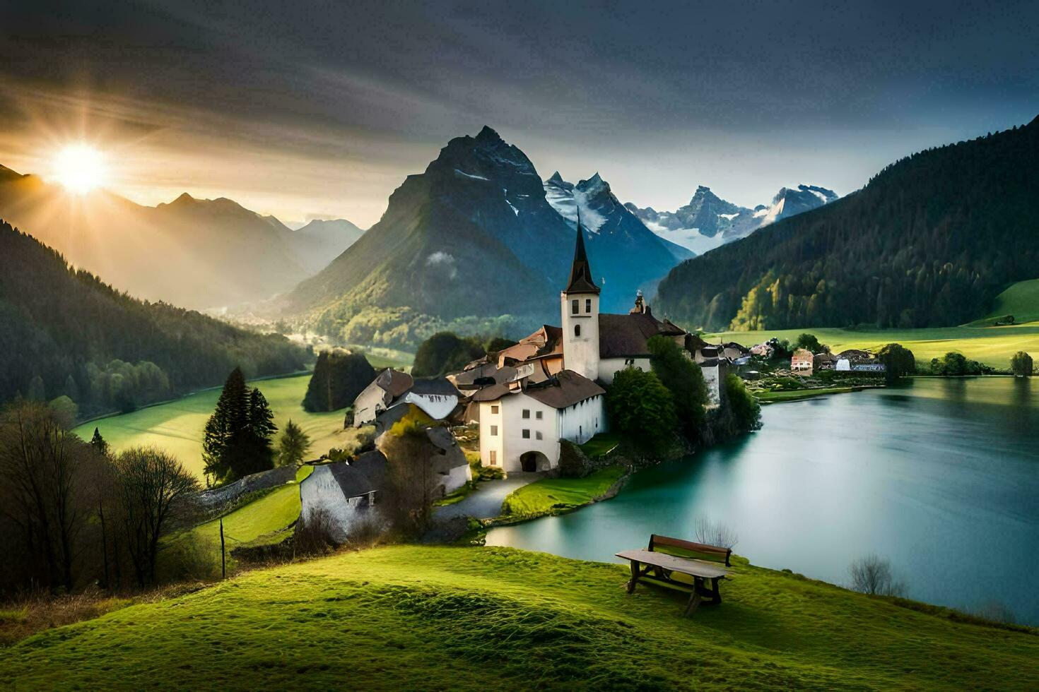 the sun rises over the village of altenburg in the swiss alps. AI-Generated photo