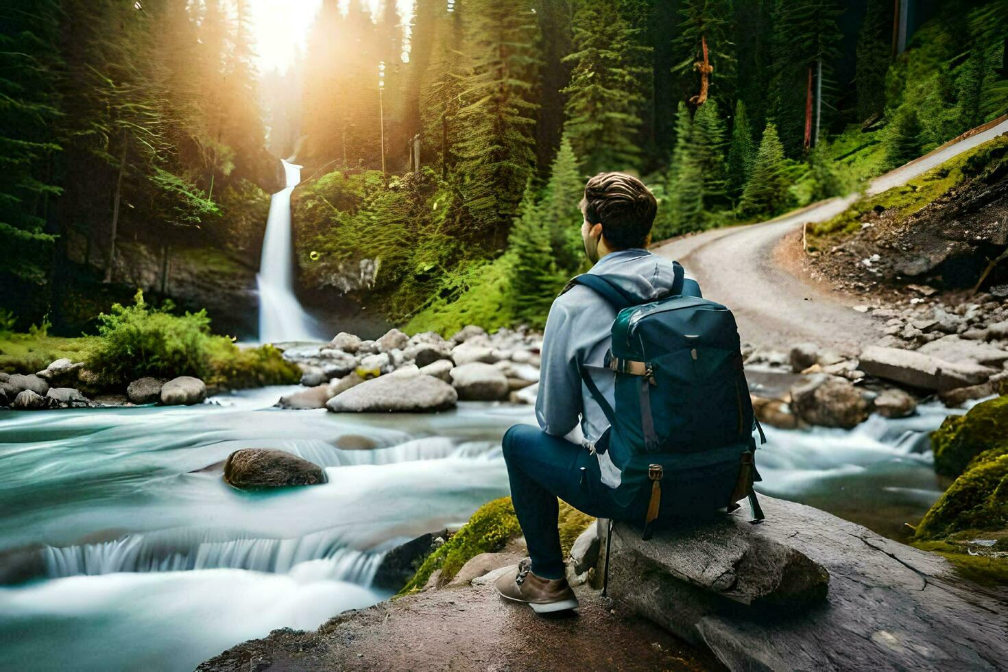man with backpack sitting on rock near waterfall. AI-Generated photo