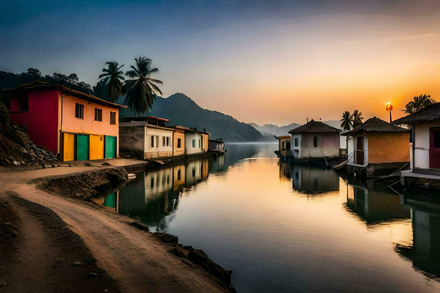 un río con casas en cualquiera lado y un puesta de sol. generado por ai foto