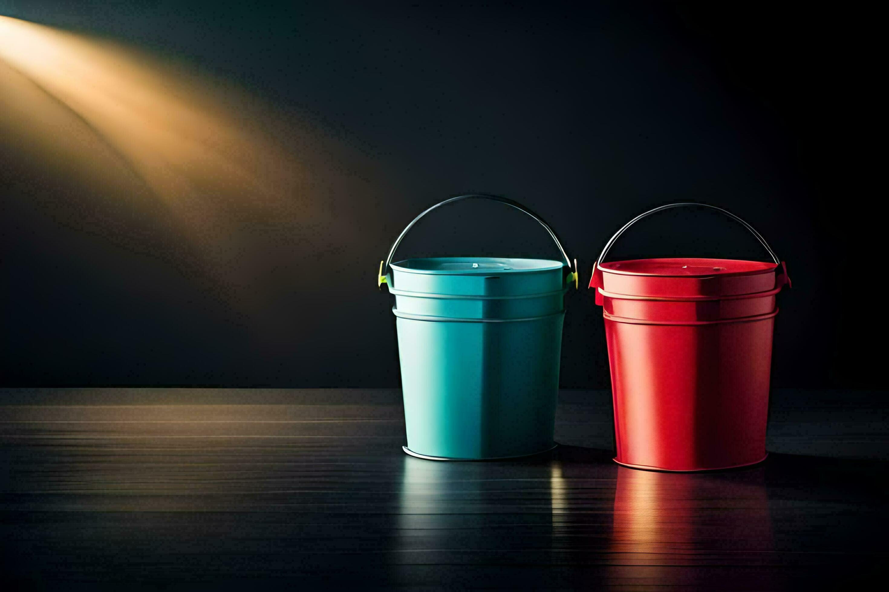 two red and blue buckets on a dark table. AIGenerated 32822607 Stock