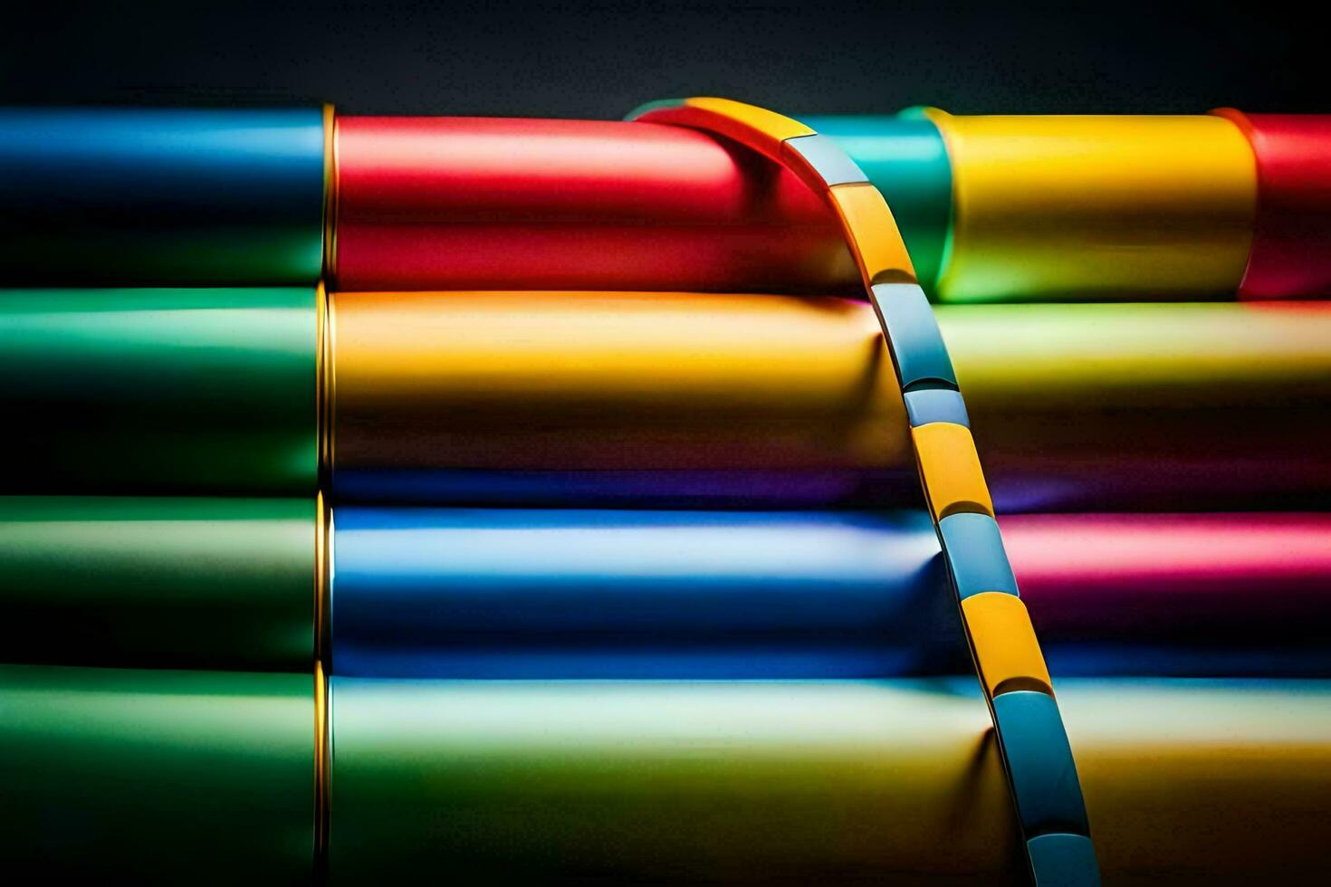 a stack of colorful tubes with a black background. AI-Generated photo