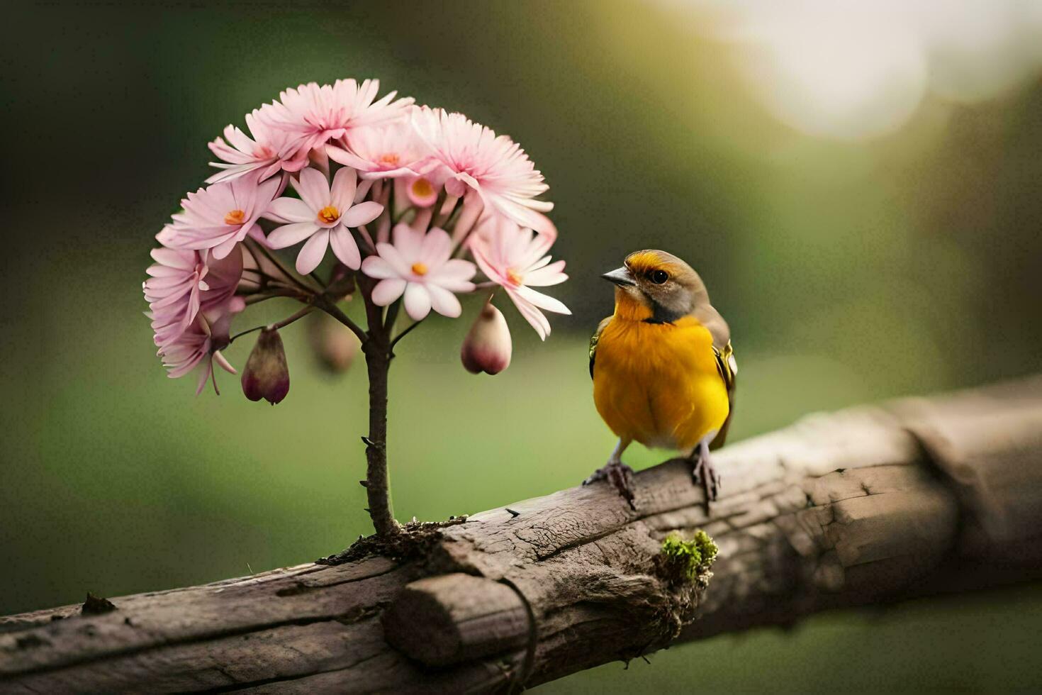 un pájaro es encaramado en un rama con rosado flores generado por ai foto