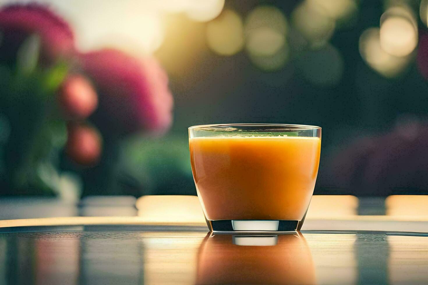 a glass of orange juice on a table in front of flowers. AI-Generated photo