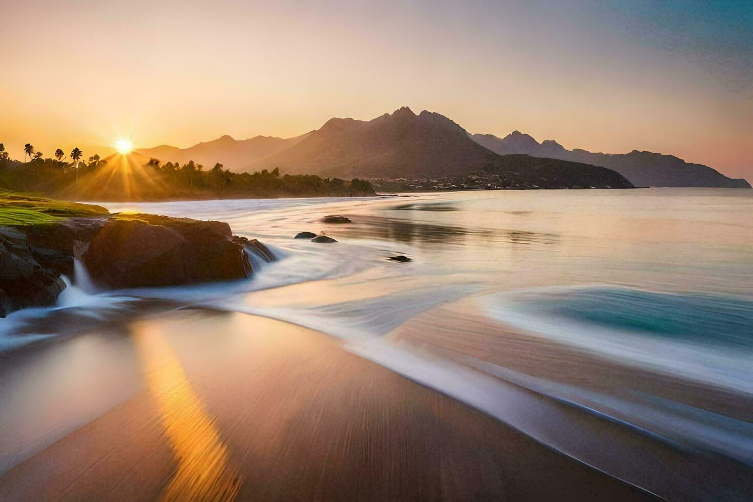 the sun rises over the ocean and mountains. AI-Generated photo