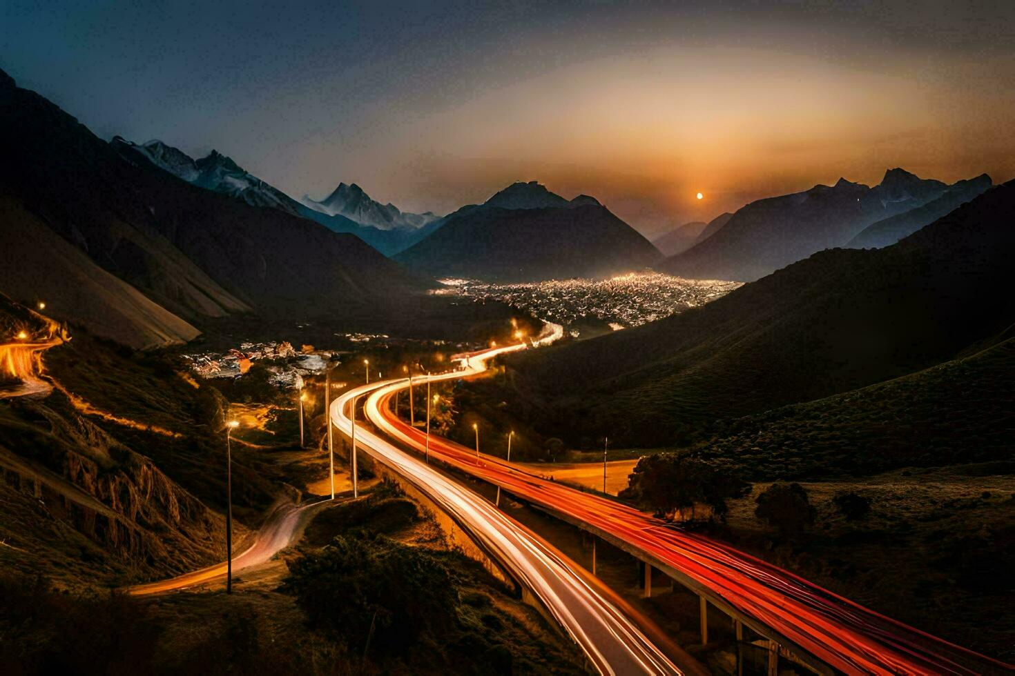 un largo exposición foto de un autopista a puesta de sol. generado por ai