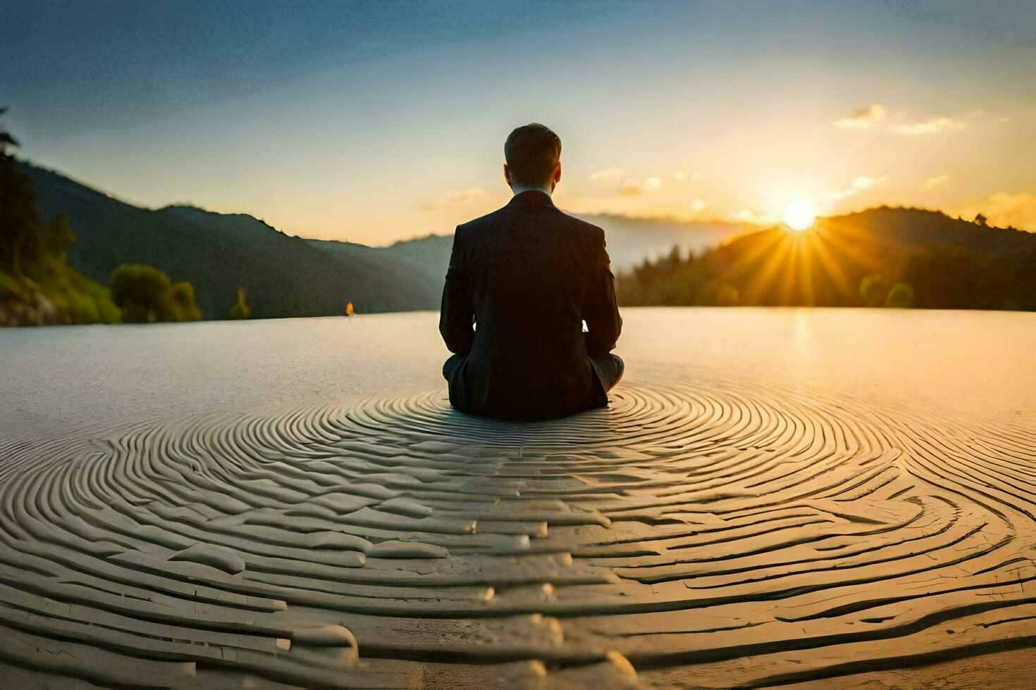 a man in a suit sits in meditation on the sand. AI-Generated photo