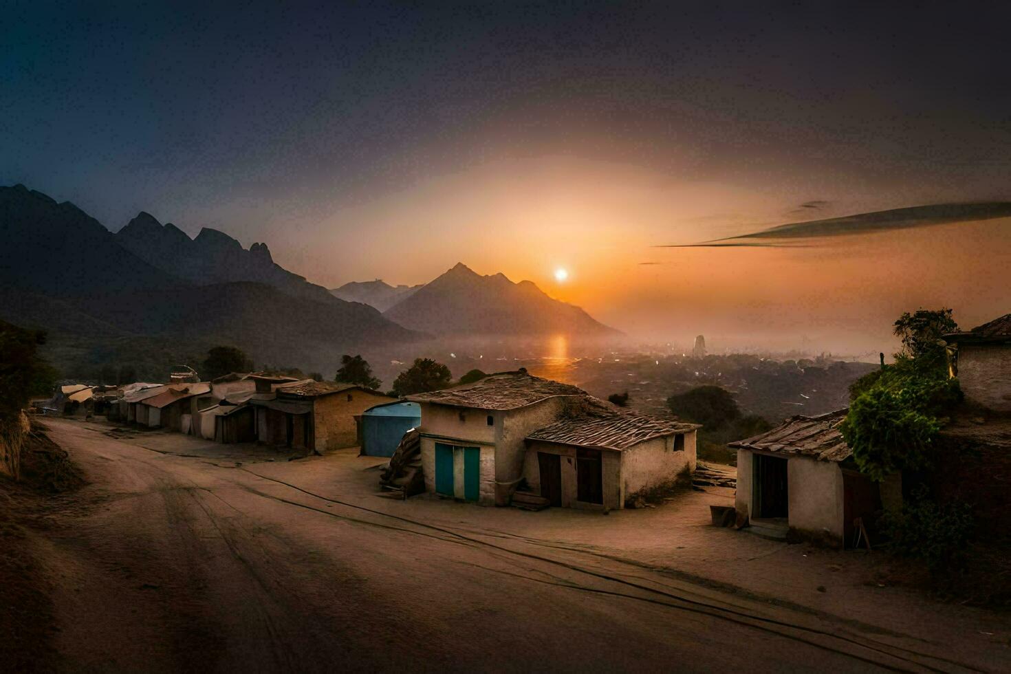 the sun sets over a village in the mountains. AI-Generated photo