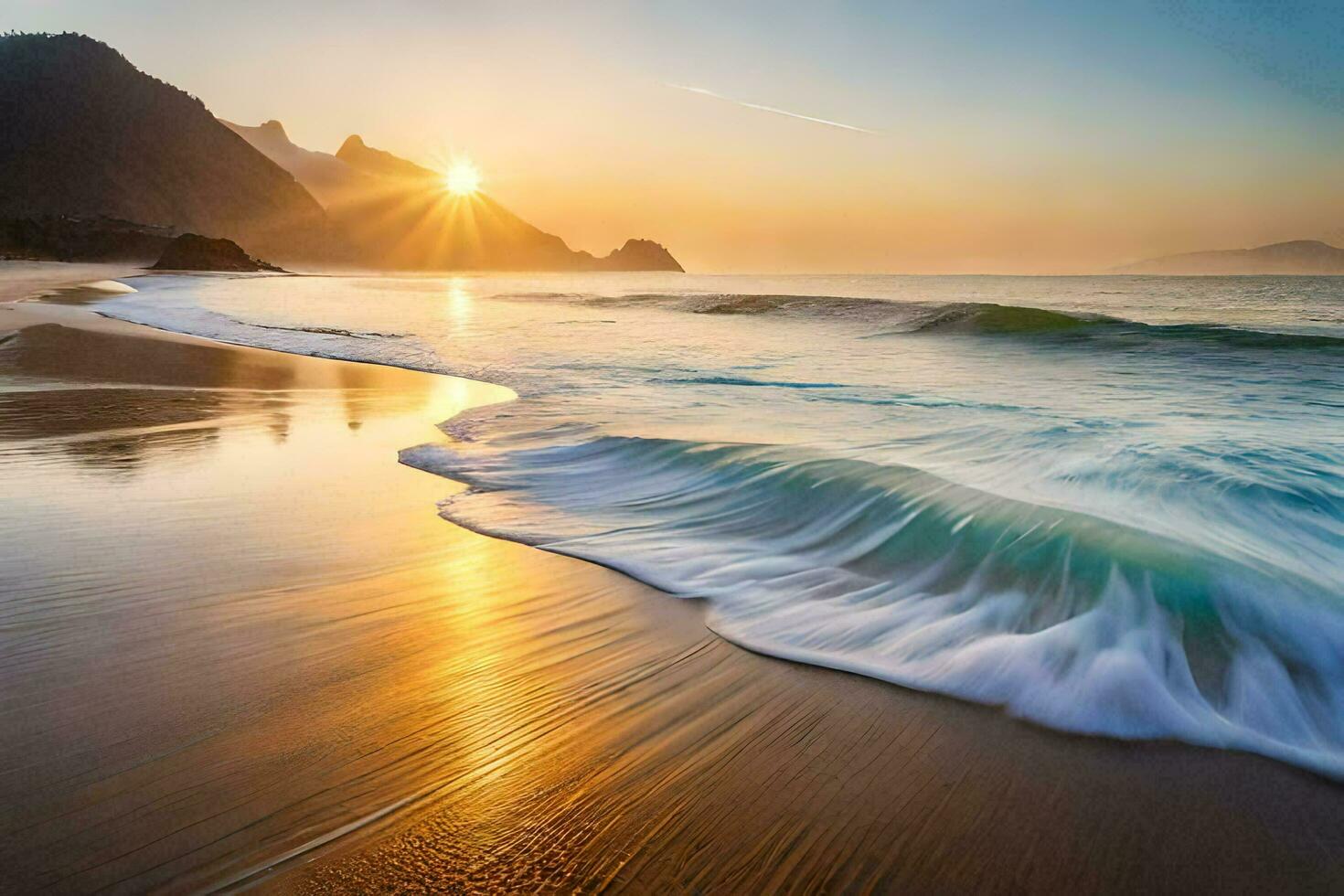 the sun rises over the ocean and waves on the beach. AI-Generated photo