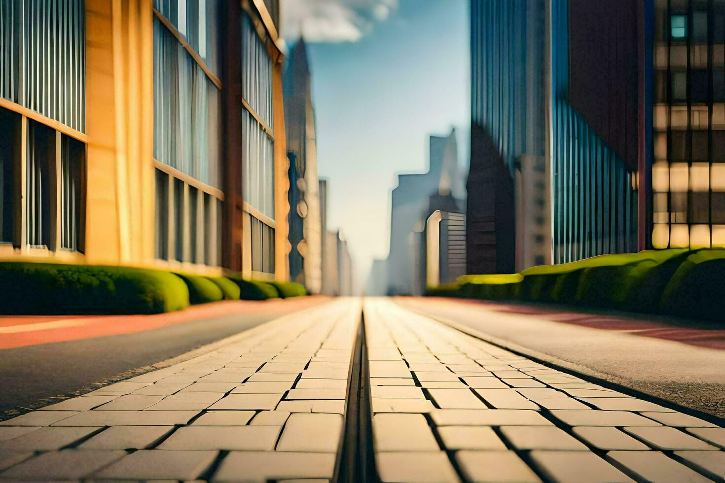 a long empty street with buildings in the background. AI-Generated photo