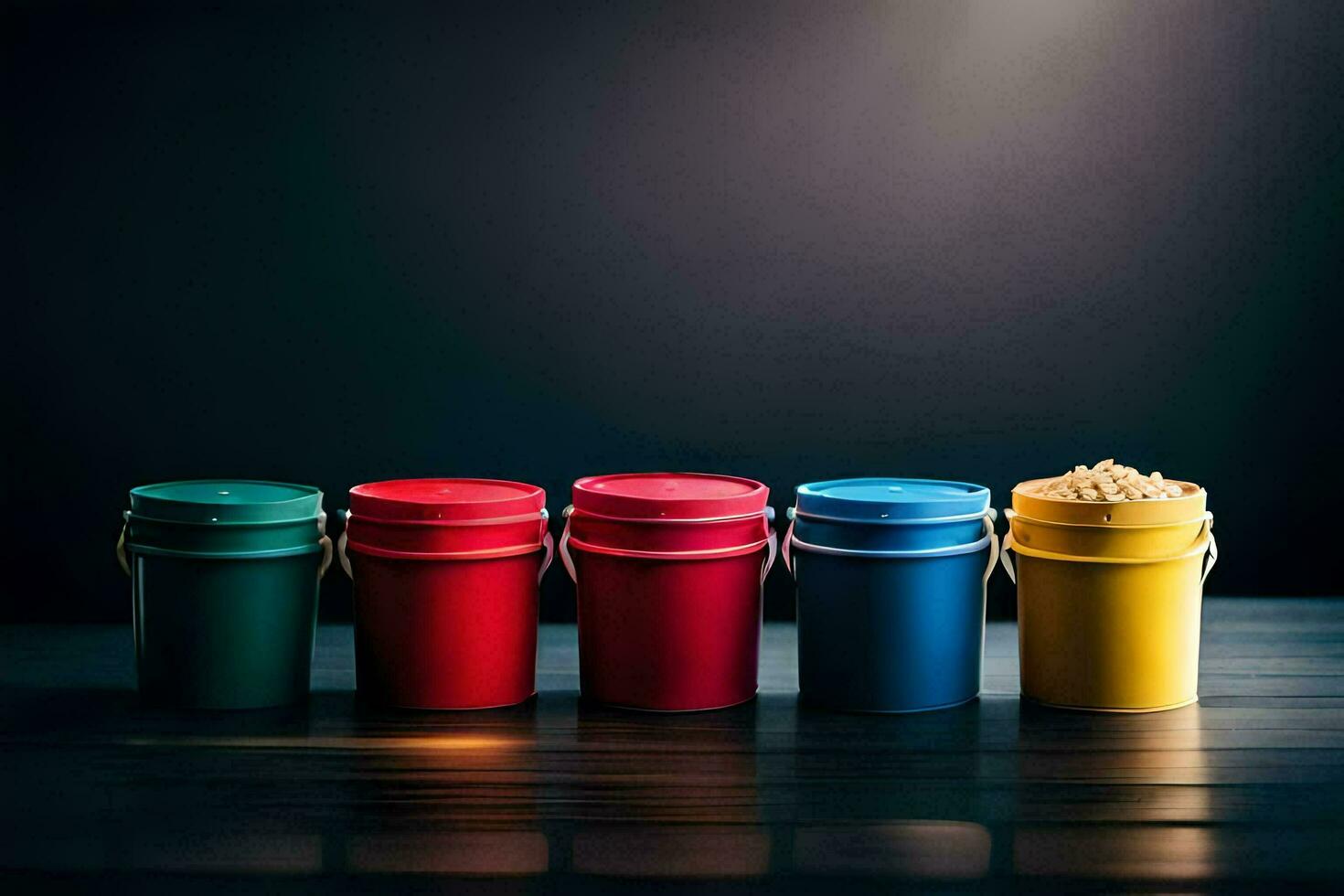 five colorful buckets on a dark table. AI-Generated photo