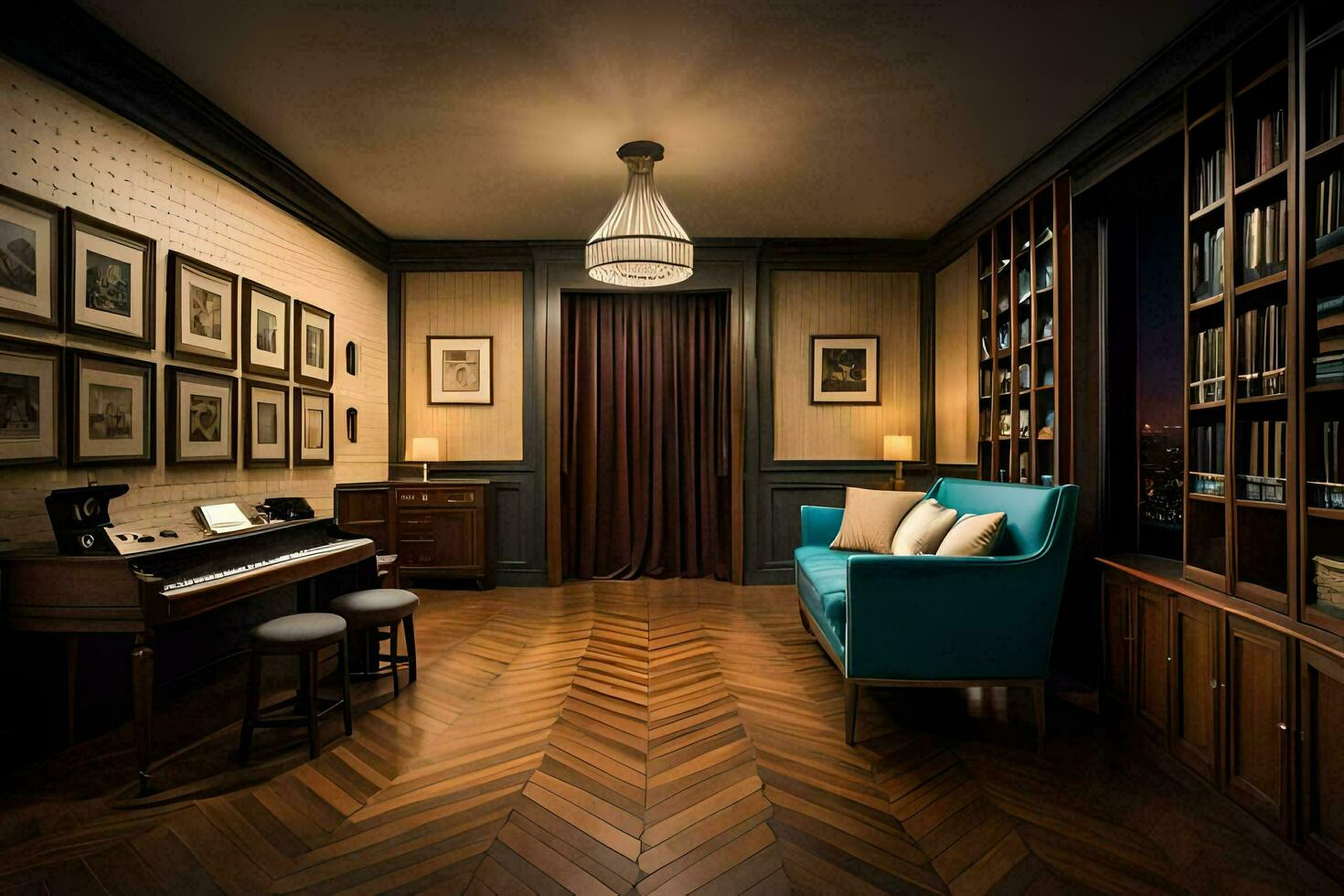 a room with a piano, bookshelves and a couch. AI-Generated photo