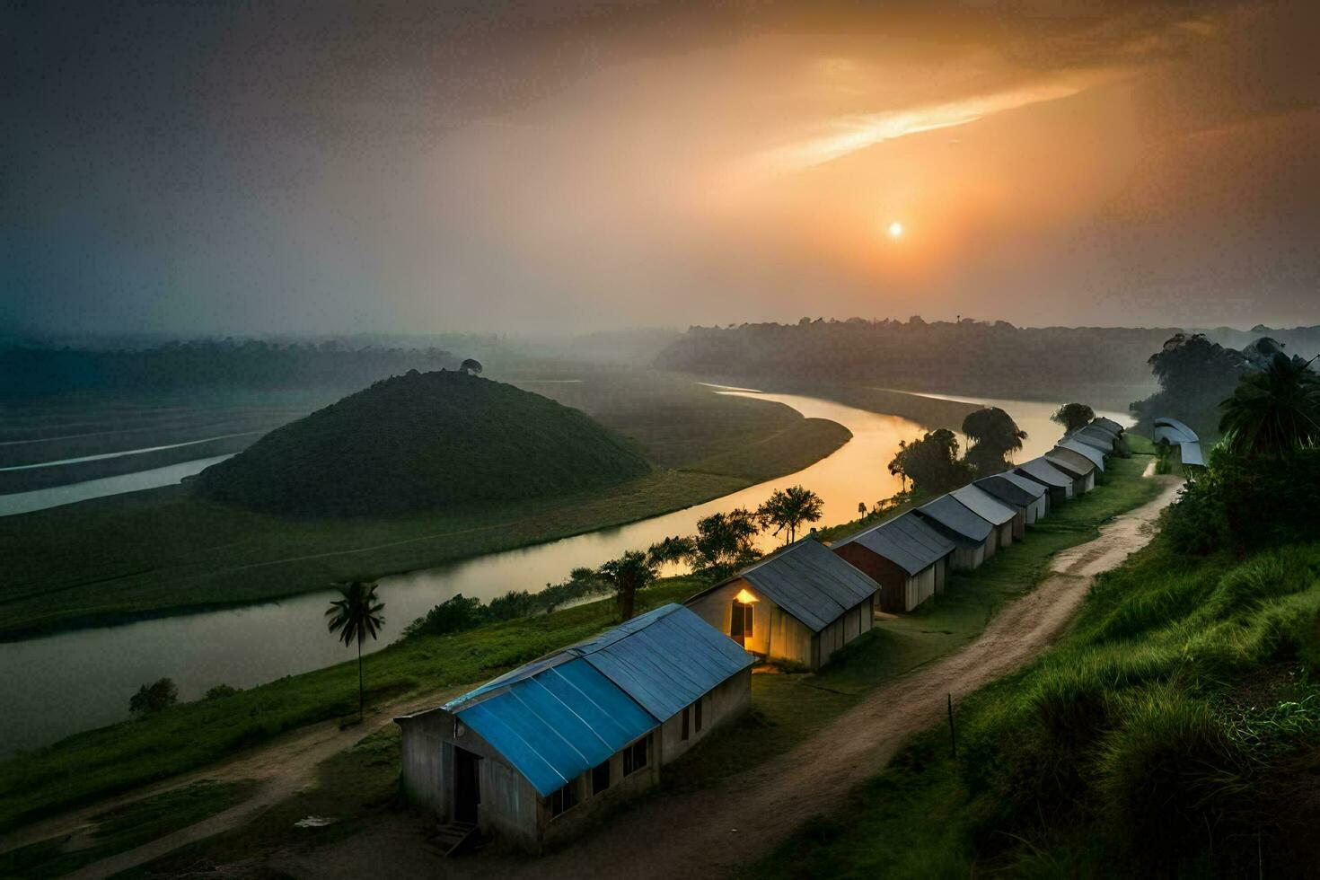 a river and some houses on the side of a hill. AI-Generated photo