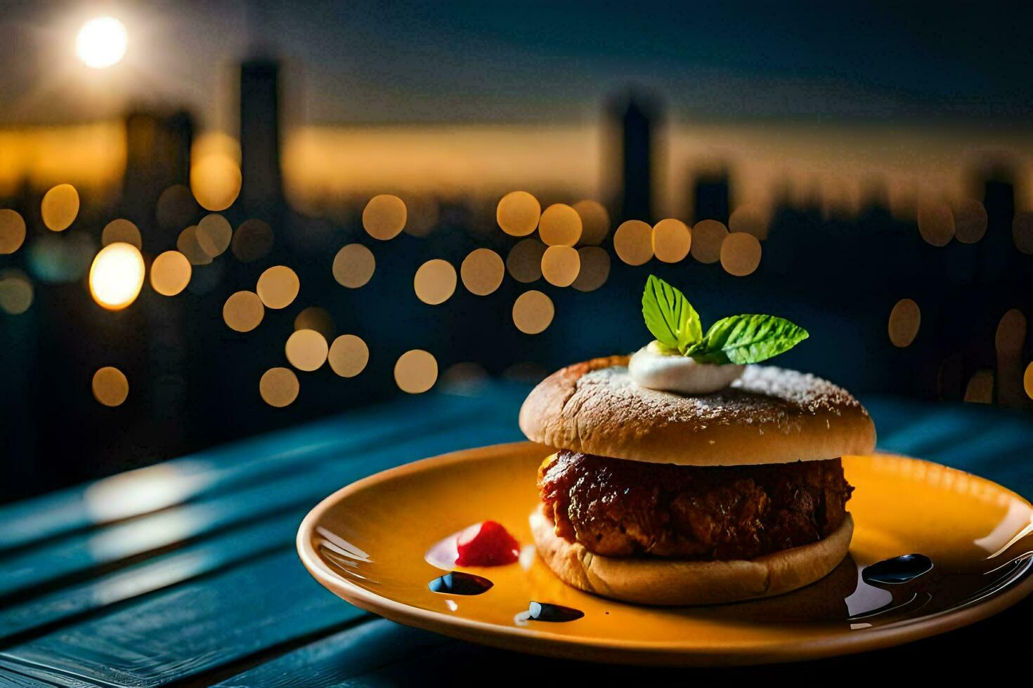 a burger on a plate with a cityscape in the background. AI-Generated photo