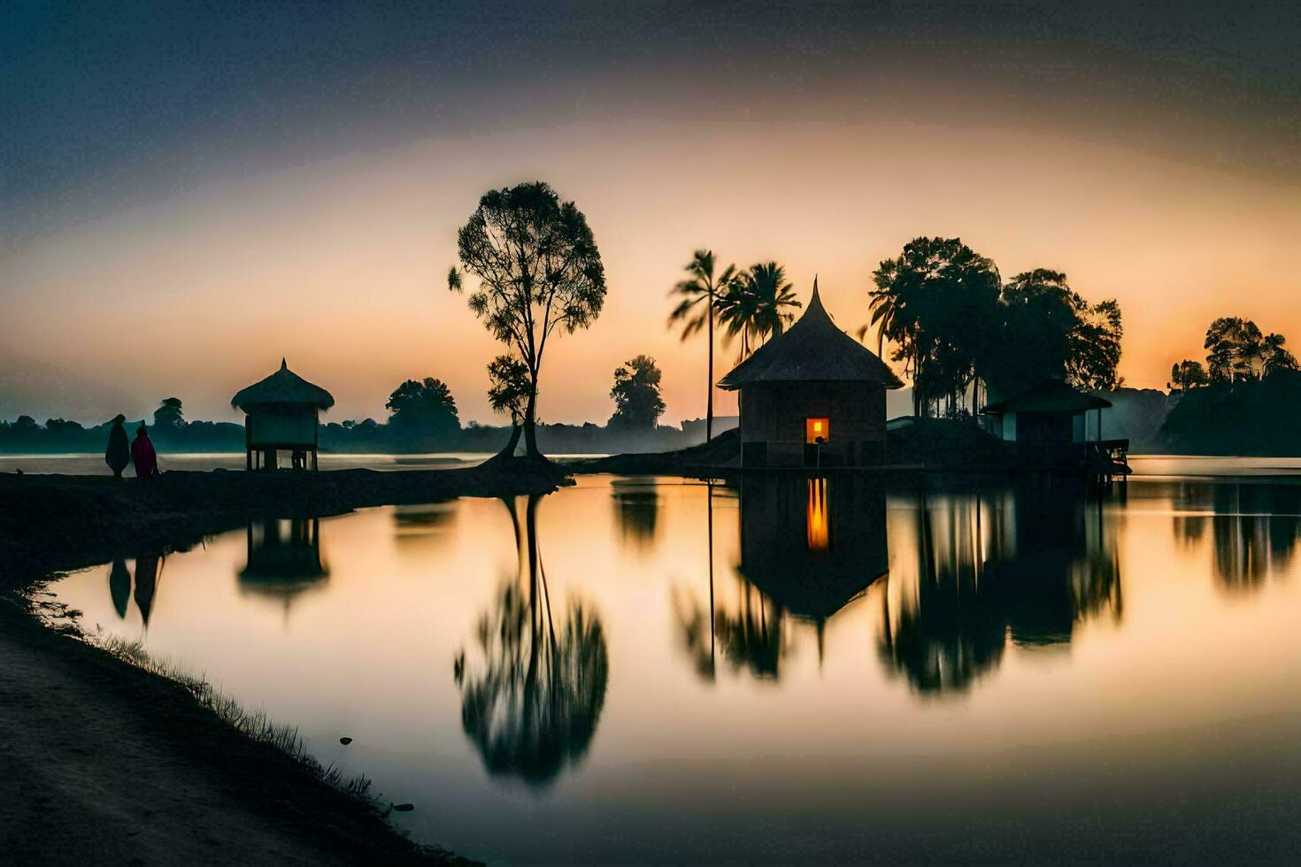 a lake at sunset with a house and trees. AI-Generated photo