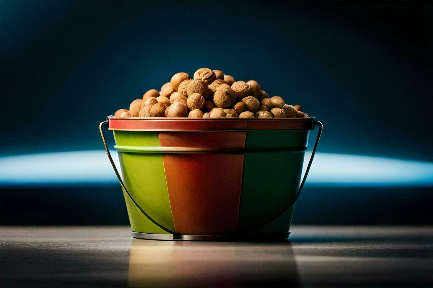 a bucket of peanuts on a table. AI-Generated photo