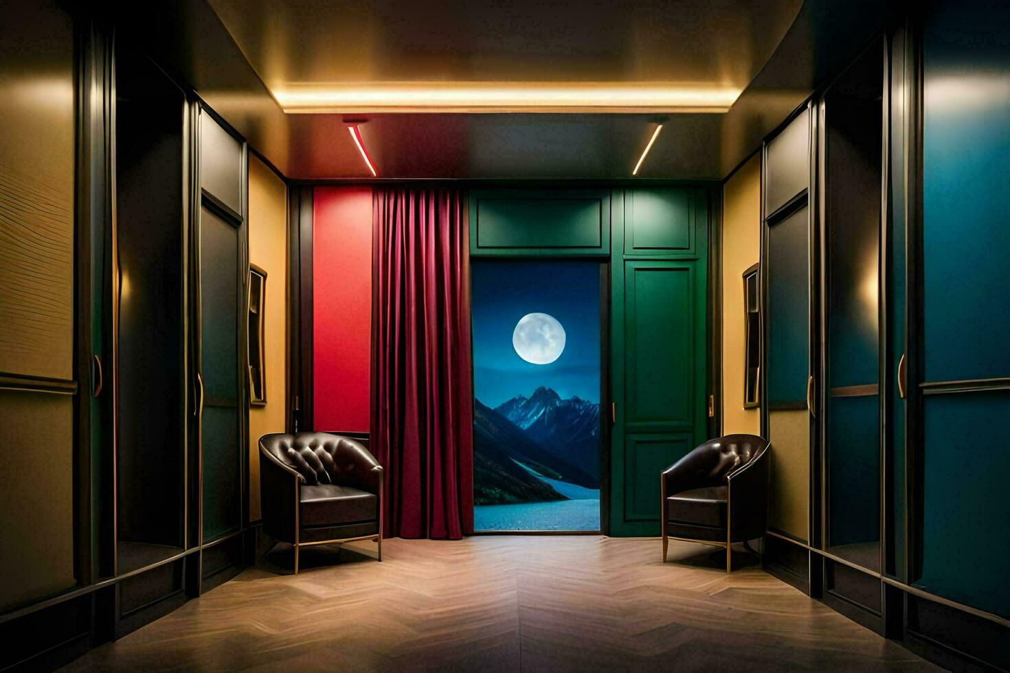 a hallway with a door that opens to a room with a mountain view. AI-Generated photo