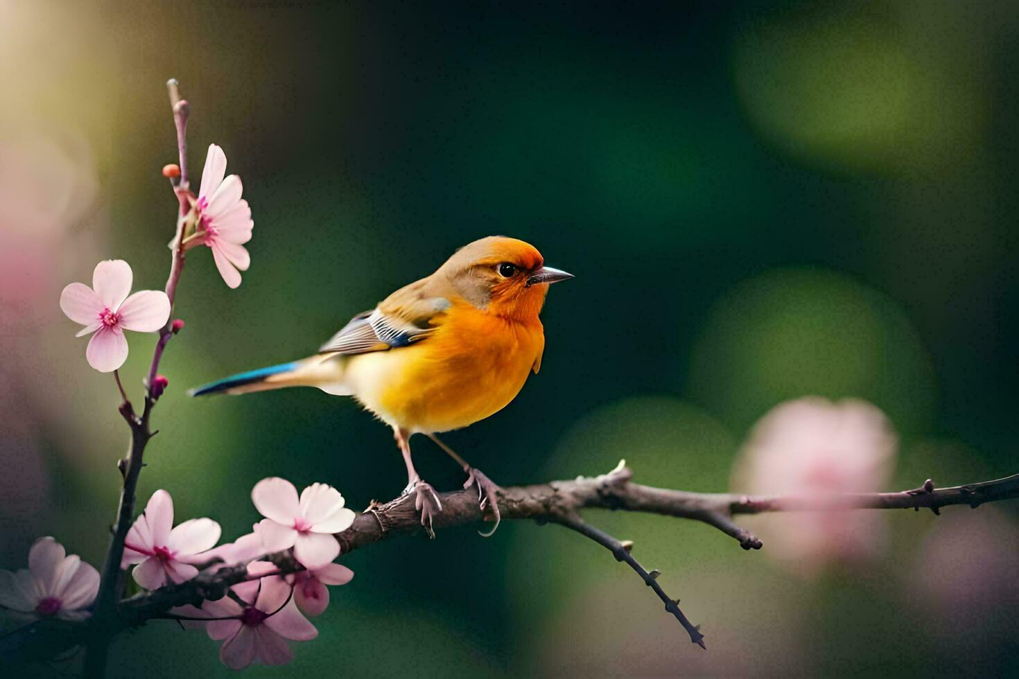 a bird is sitting on a branch with pink flowers. AI-Generated photo