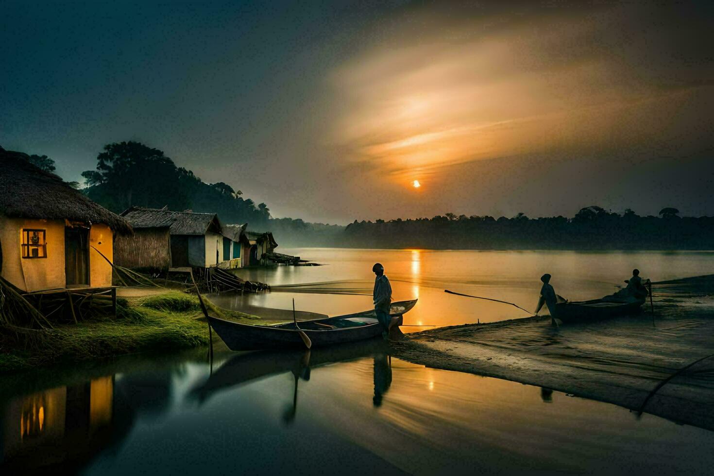 the sun sets over a river in front of a hut. AI-Generated photo