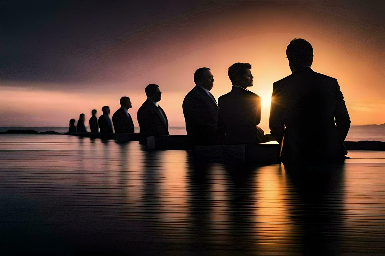 silhouettes of business people sitting on a dock at sunset. AI-Generated photo