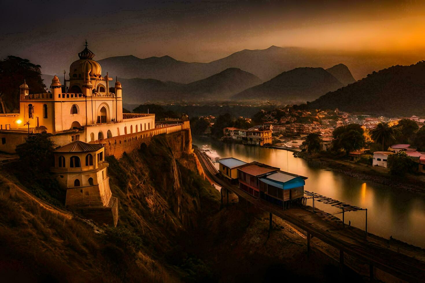 a church and a bridge over a river at sunset. AI-Generated photo