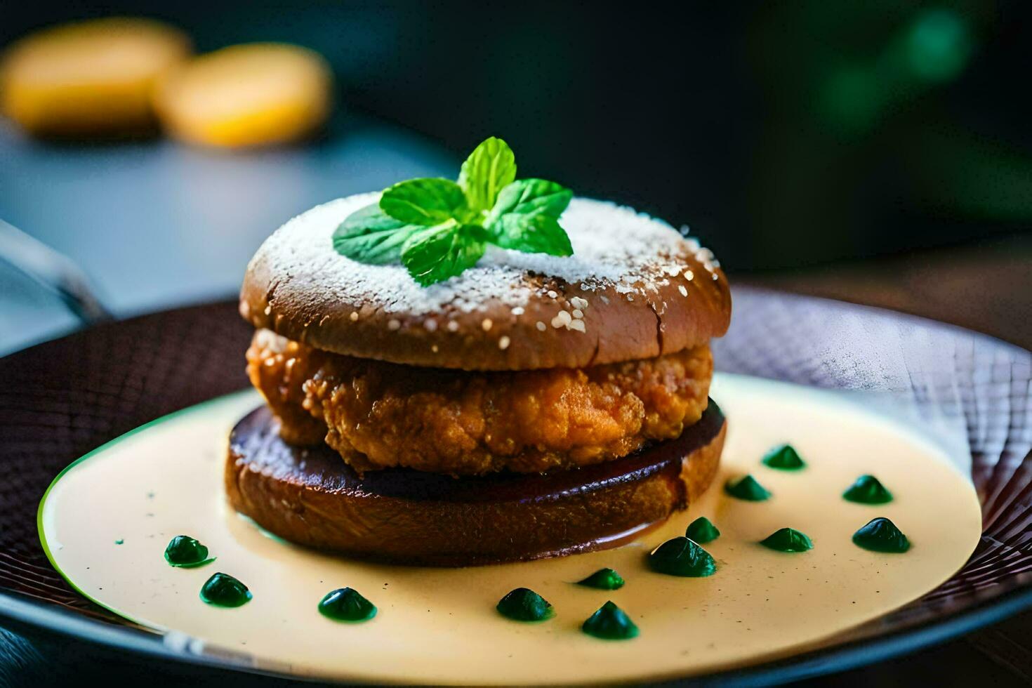 a chicken sandwich on a plate with a mint leaf. AI-Generated photo