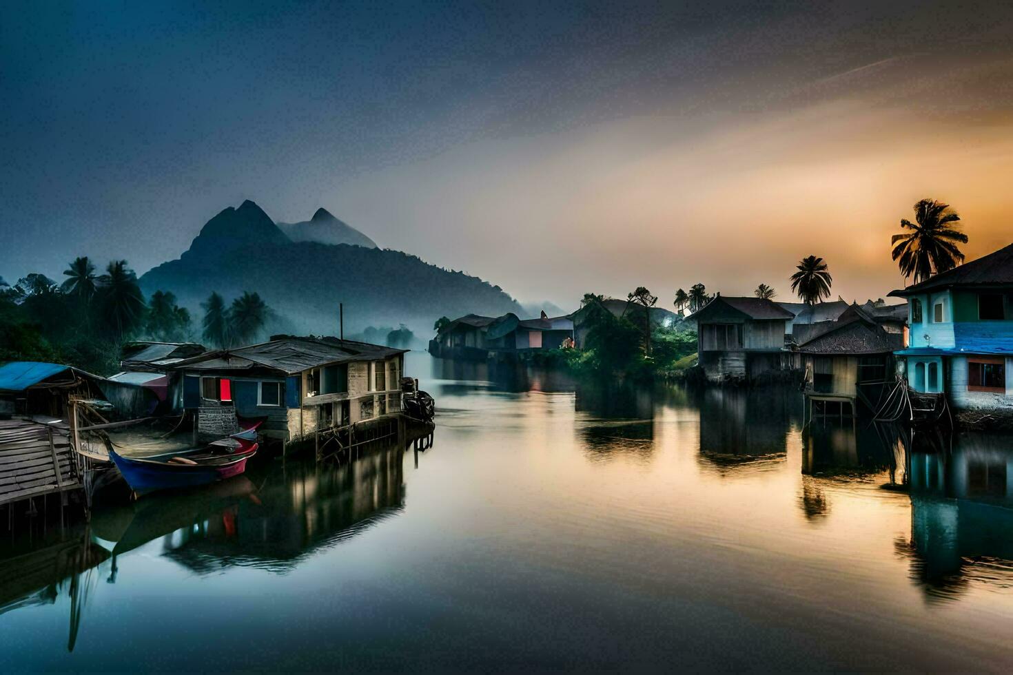 a river in the middle of a village with houses on either side. AI-Generated photo