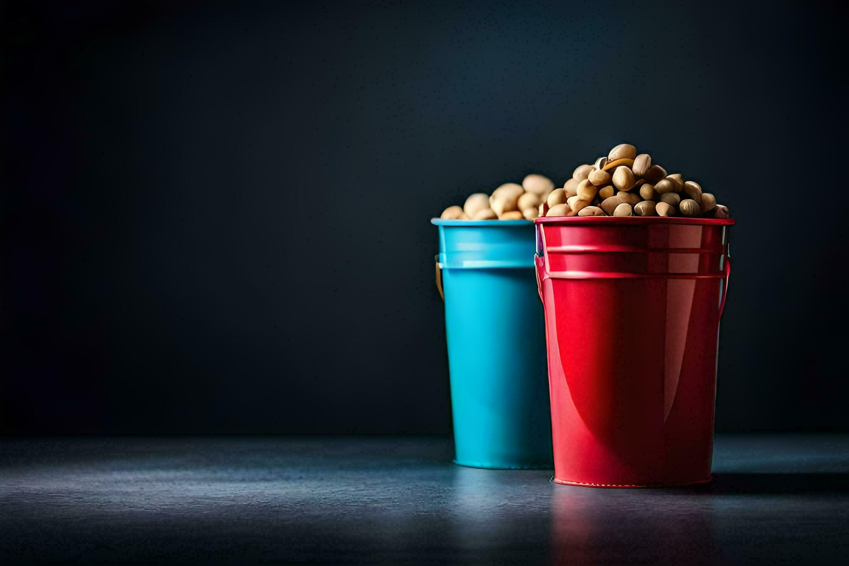 two red and blue buckets filled with peanuts. AIGenerated 32823731