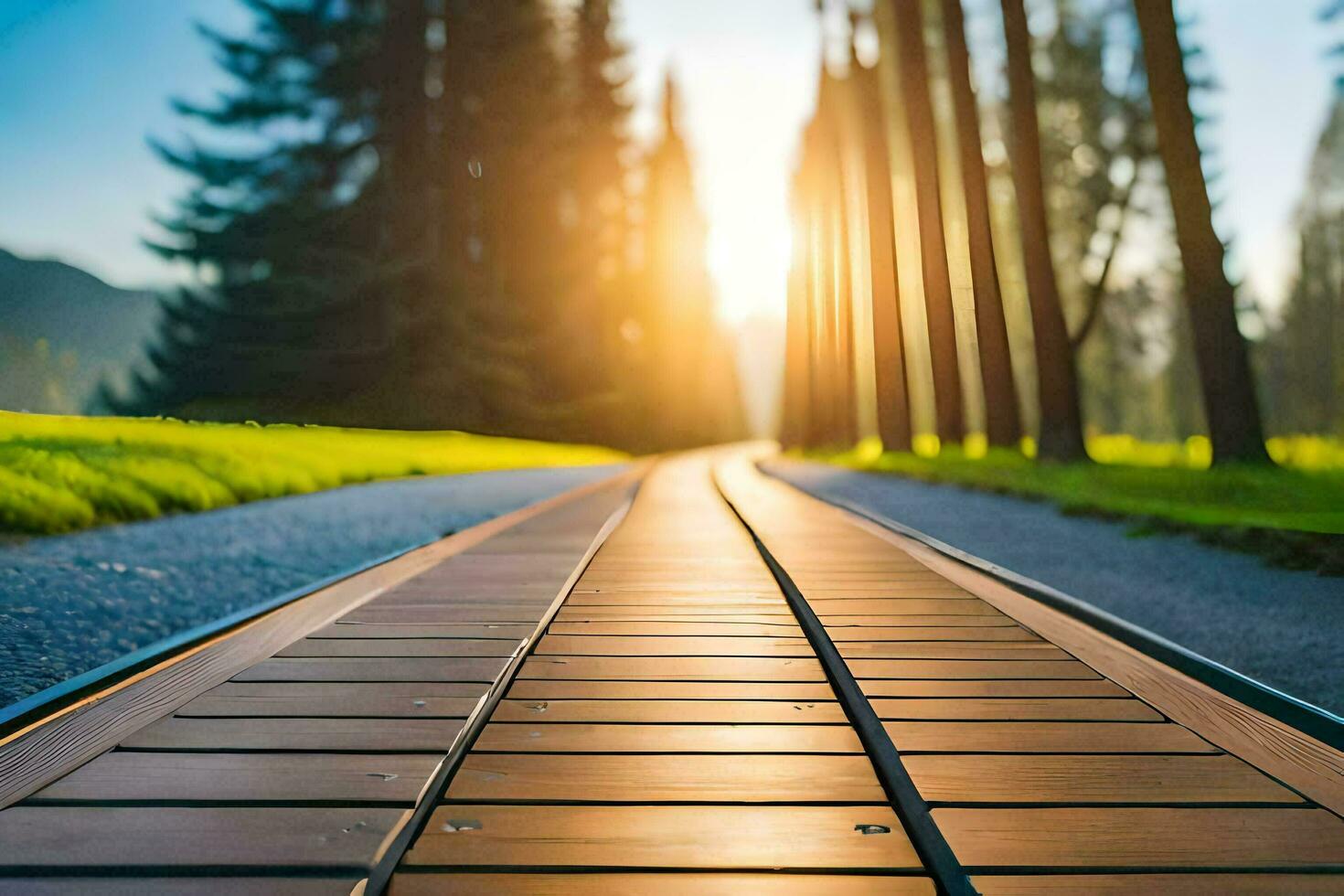 un de madera camino líder a el Dom en el medio de un campo. generado por ai foto