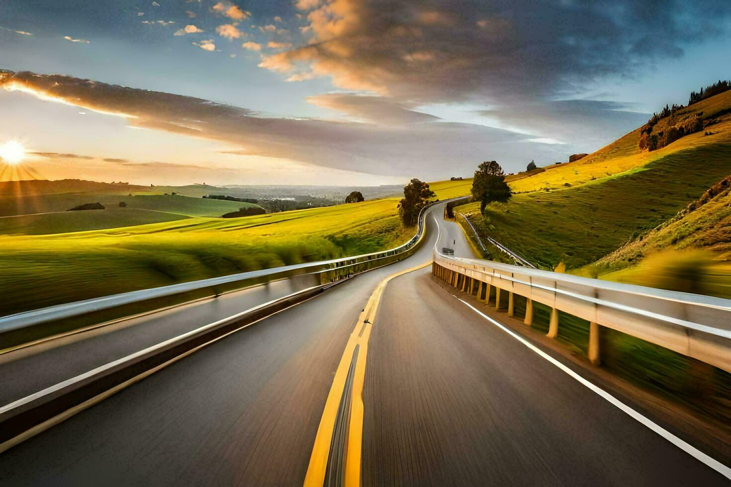 a road with a car driving down it. AI-Generated photo