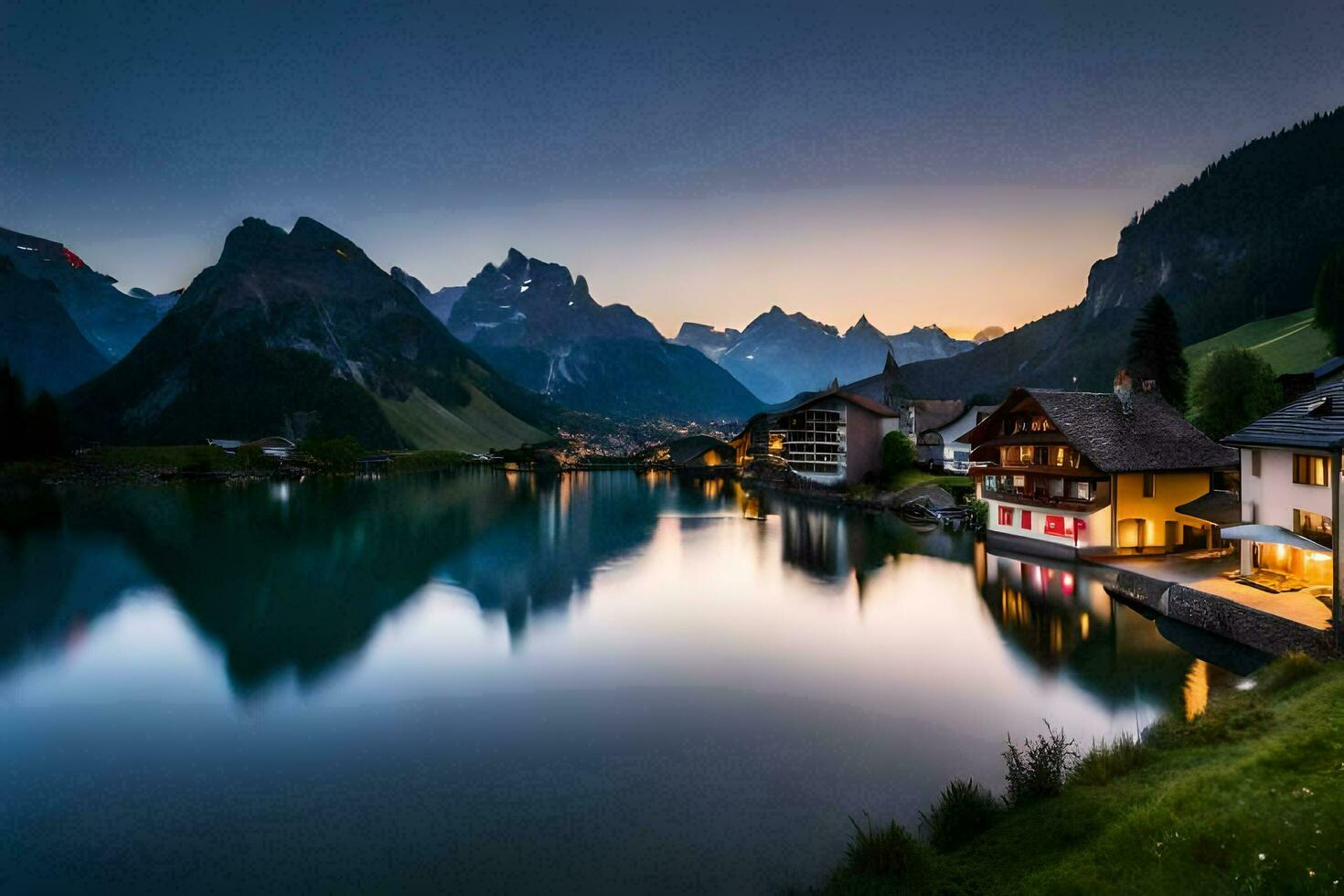 un lago y montaña pueblo a oscuridad. generado por ai foto