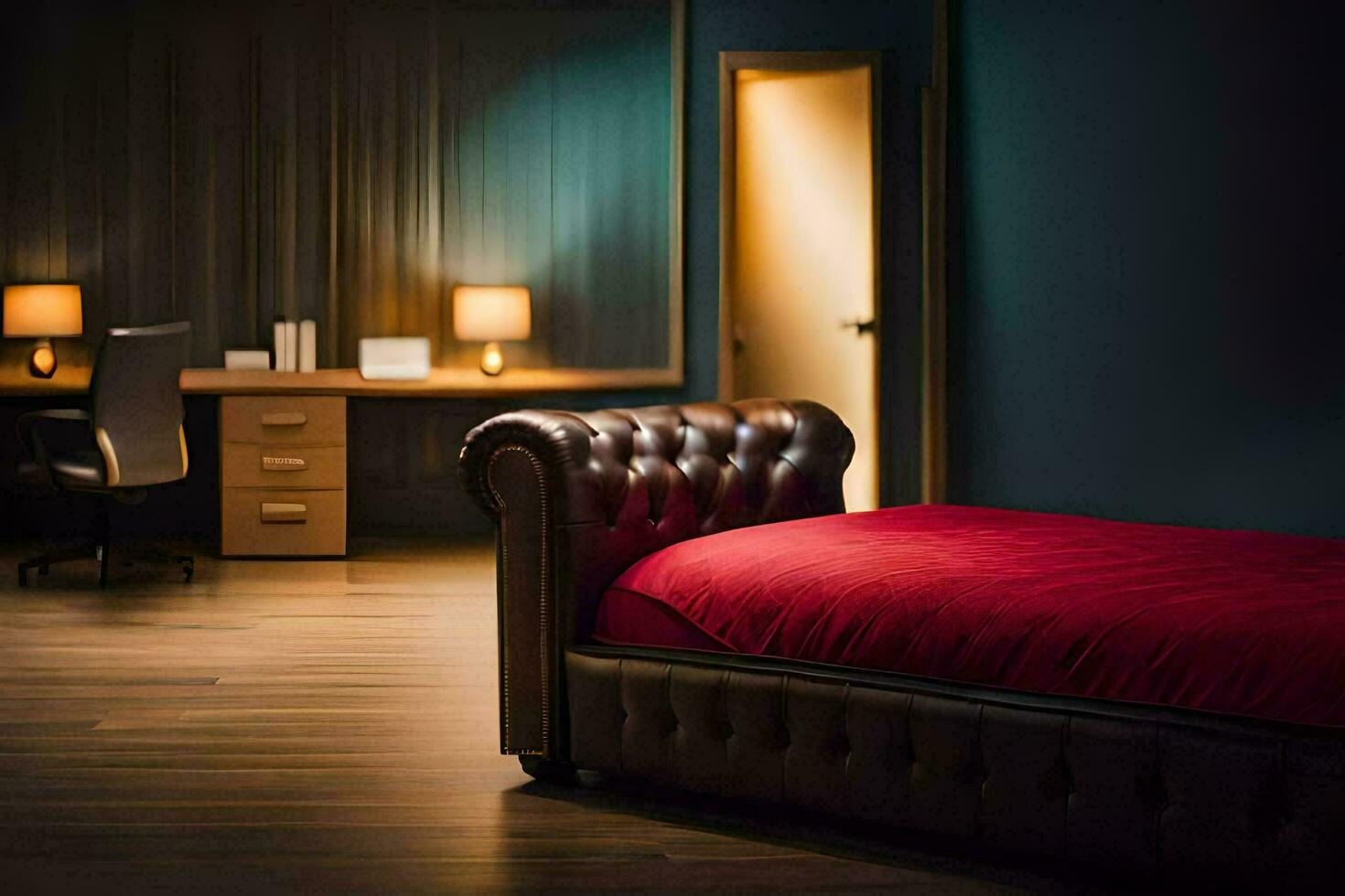 a bedroom with a red bed and desk. AI-Generated photo