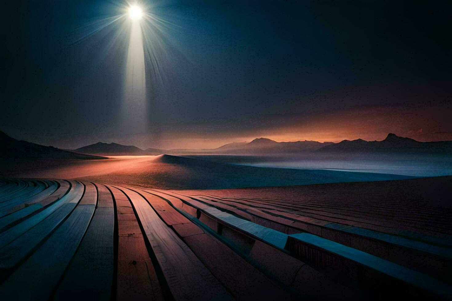 a bright light shines over a wooden boardwalk. AI-Generated photo