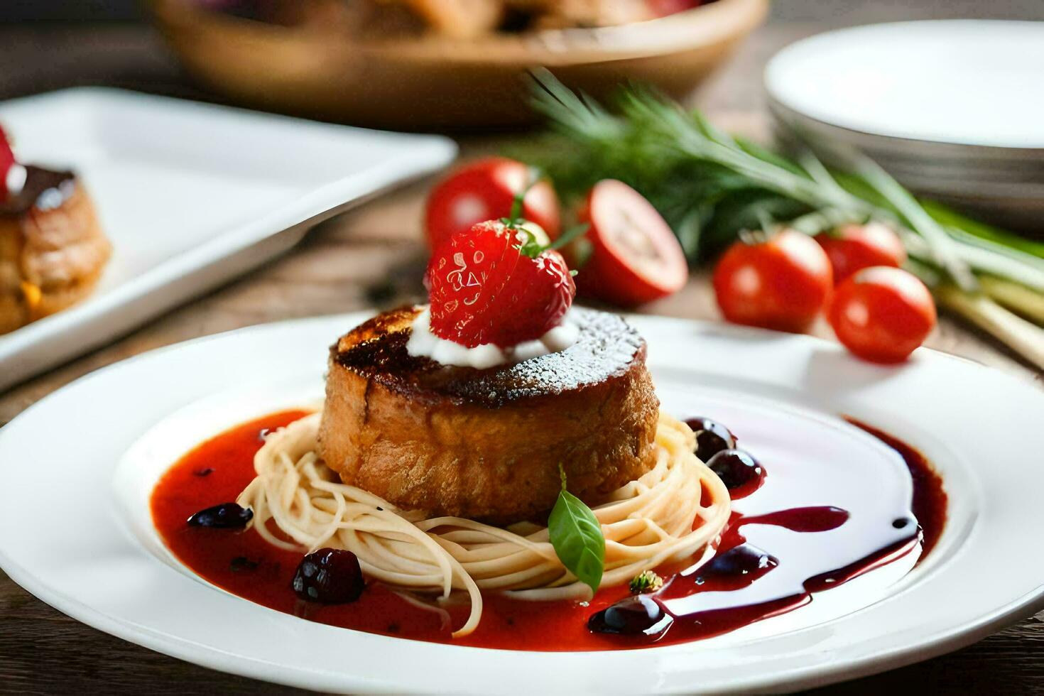 a plate of food with pasta and strawberries. AI-Generated photo