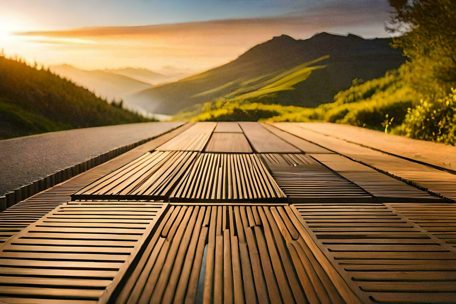 a wooden walkway in the mountains with the sun setting. AI-Generated photo