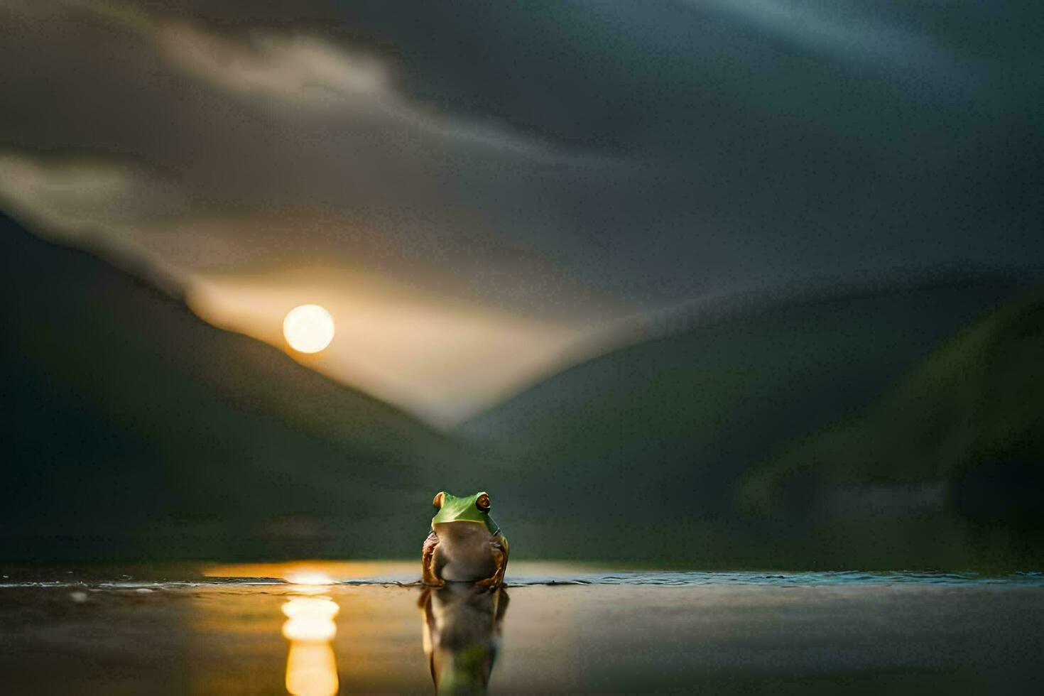 a frog standing on the edge of a lake at sunset. AI-Generated photo
