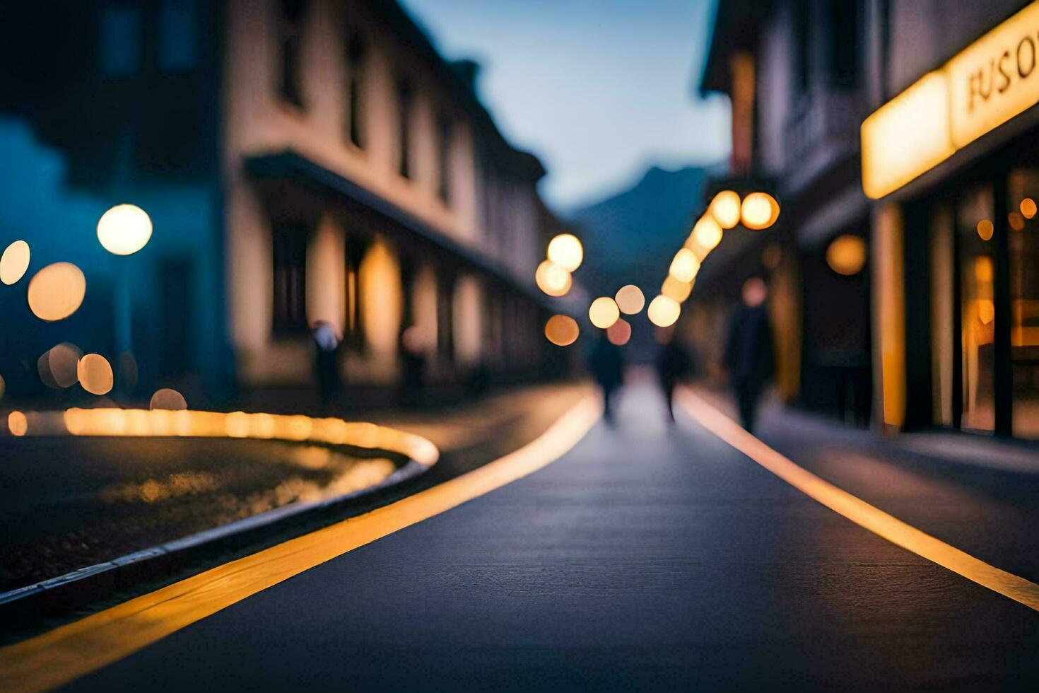 a street at night with lights on the street. AI-Generated photo