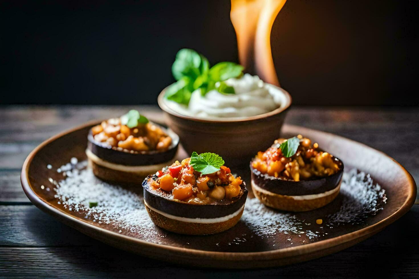 small desserts on a plate with a fire. AI-Generated photo