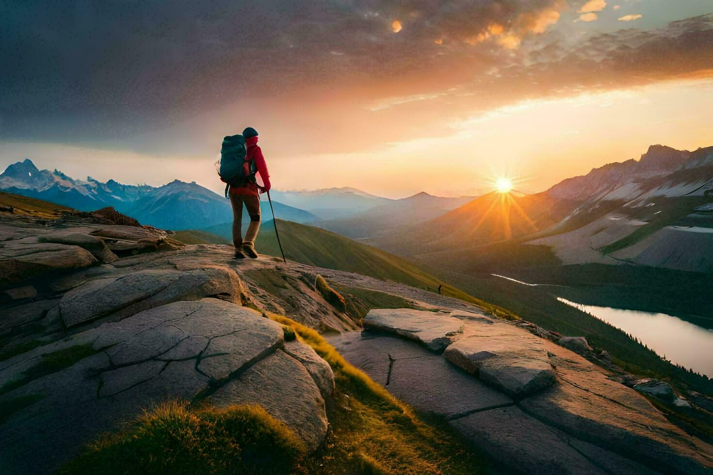 a hiker stands on a mountain top at sunset. AI-Generated photo