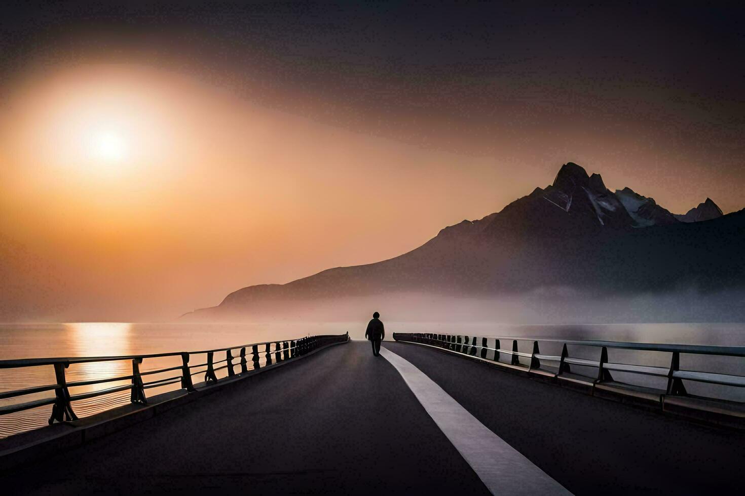 a man walks on a bridge over water at sunset. AI-Generated photo