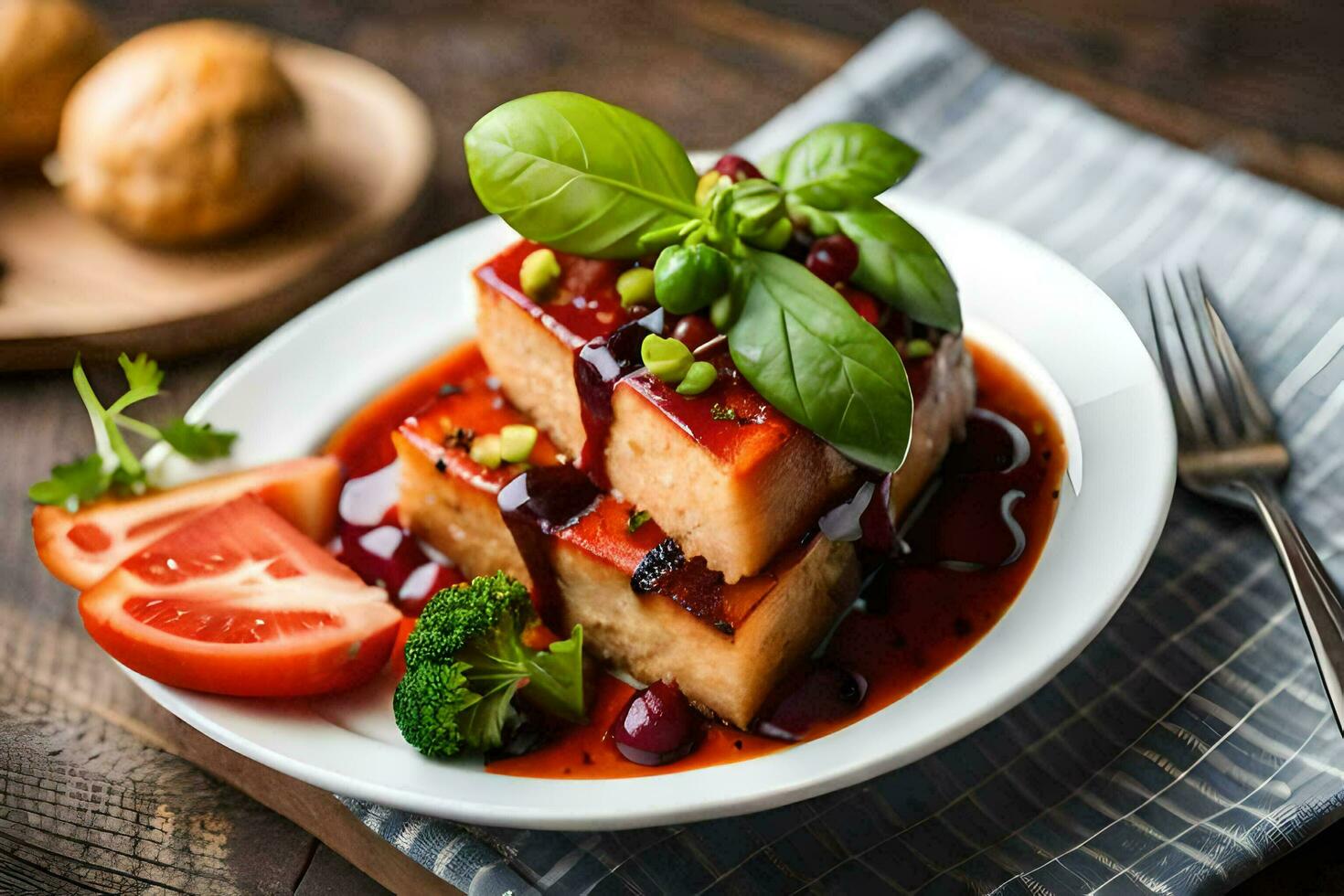 a plate of tofu with sauce and vegetables. AI-Generated photo