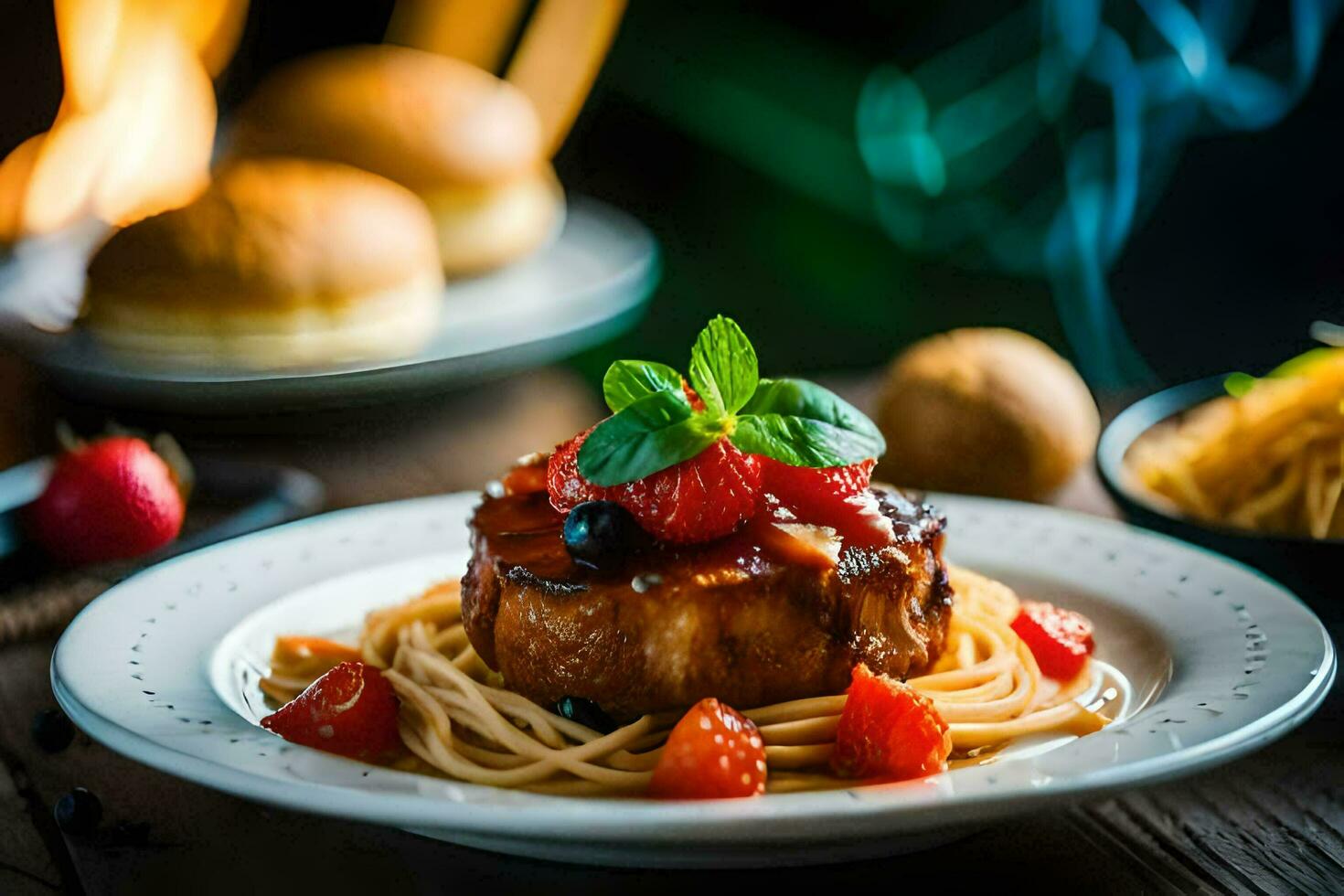 the food is served on a plate with a fork and a knife. AI-Generated photo