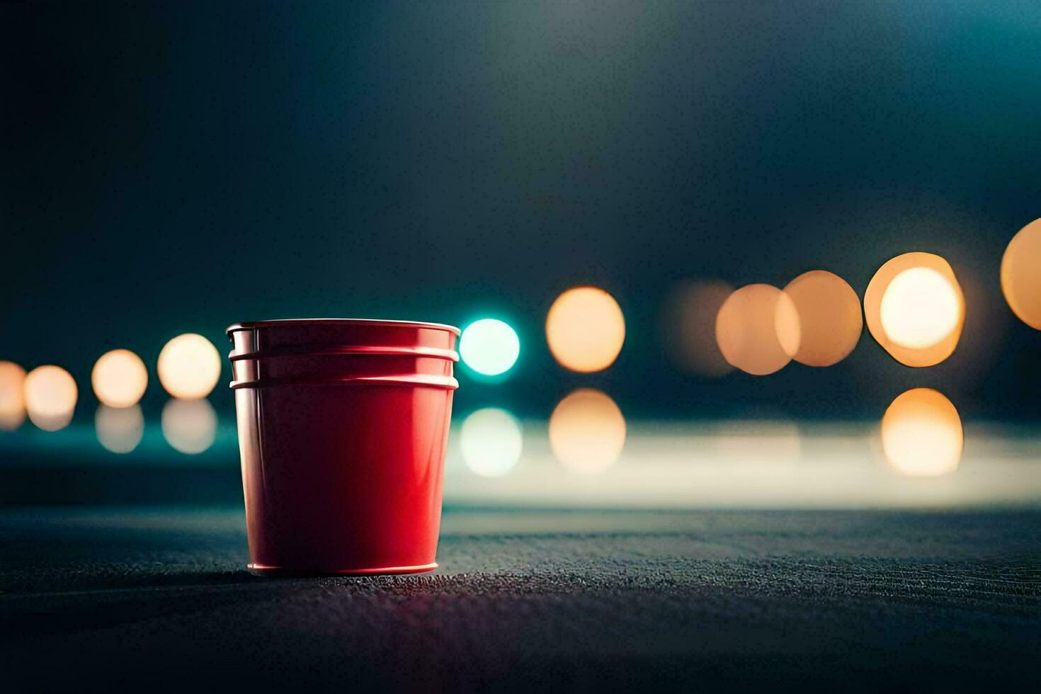 un rojo el plastico taza sentado en el suelo a noche. generado por ai foto